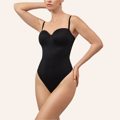 בגד גוף מחטב סטרפלס - צבע שחור - דוגמנית בפרונט - דגם 407